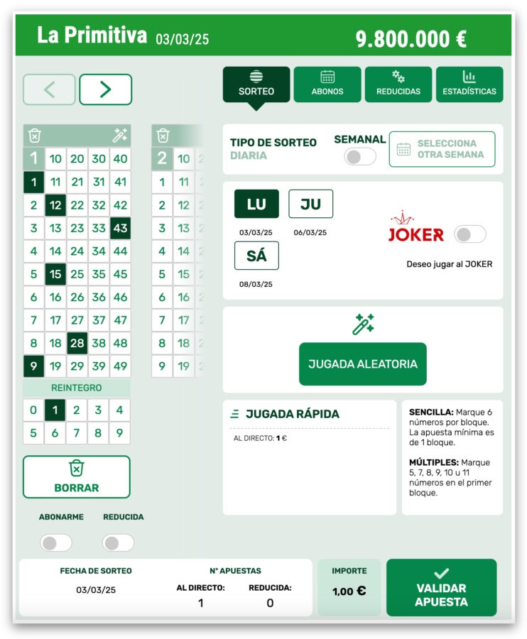 Matriz para elegir los números de La Primitiva en la web